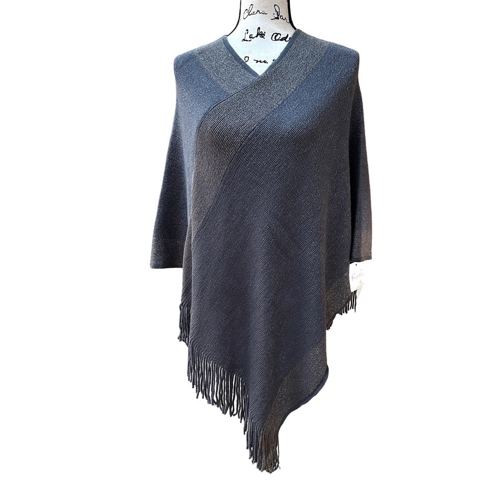 Riah Fashion Two Tone Poncho Fringe Shawl Wrap Scarf One Size NWT